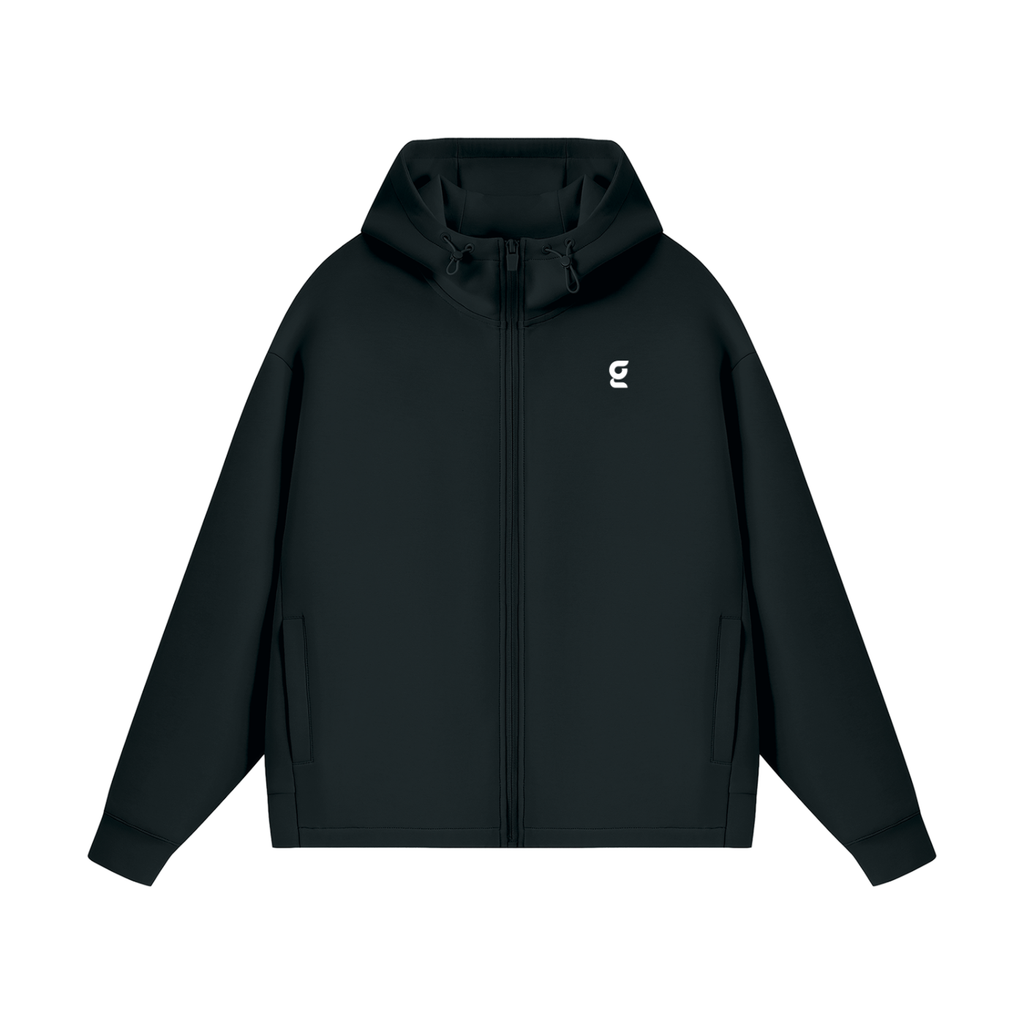 Front view of the black Gradial Zip Hoodie with hood down on a white background