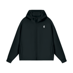Front view of the black Gradial Zip Hoodie with hood down on a white background