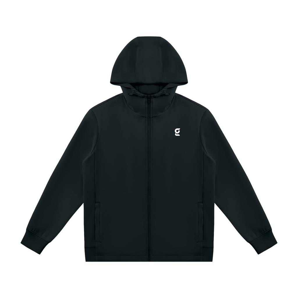 Front view of the black Gradial Zip Hoodie with hood up on a white background