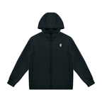 Front view of the black Gradial Zip Hoodie with hood up on a white background