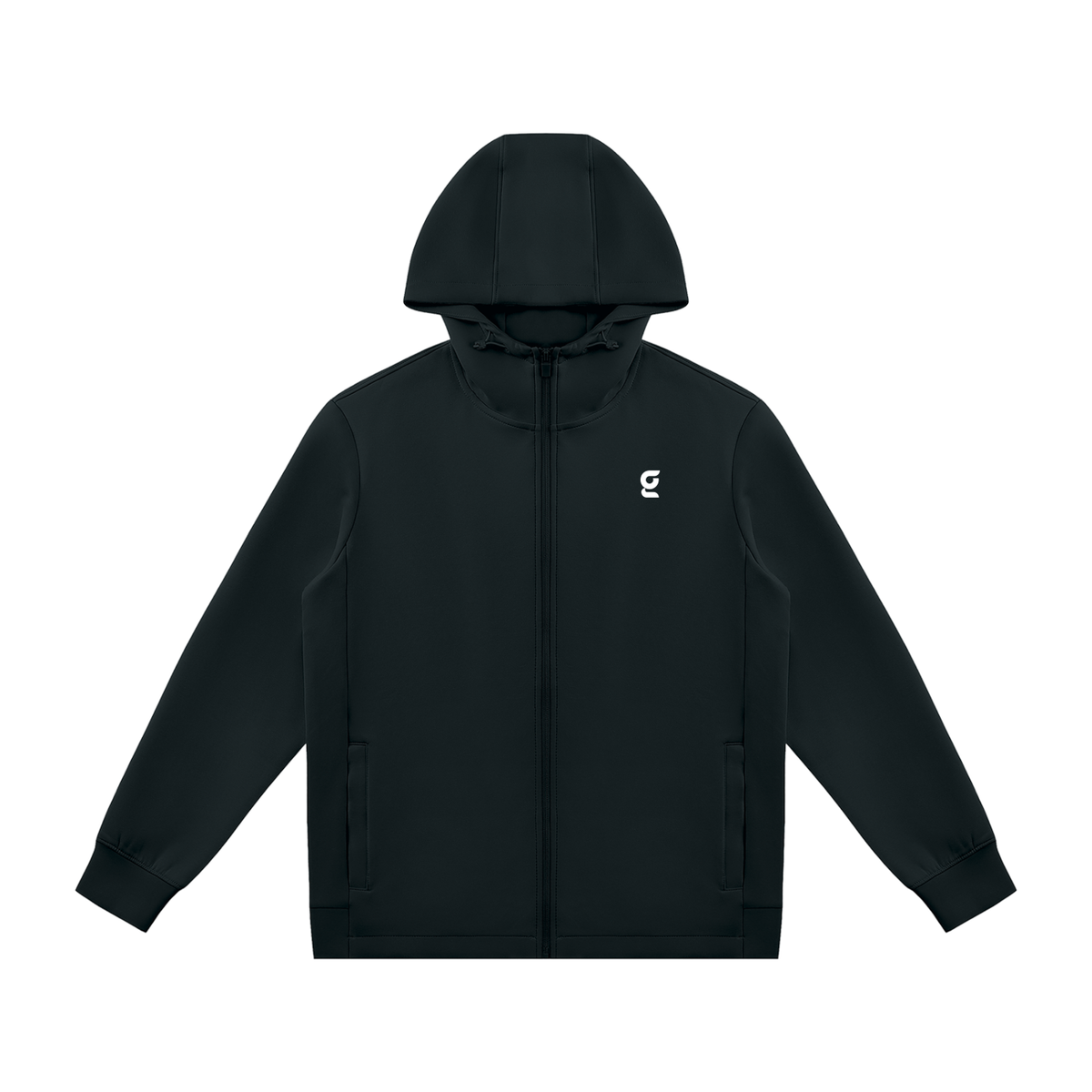Front view of the black Gradial Zip Hoodie with hood up on a white background